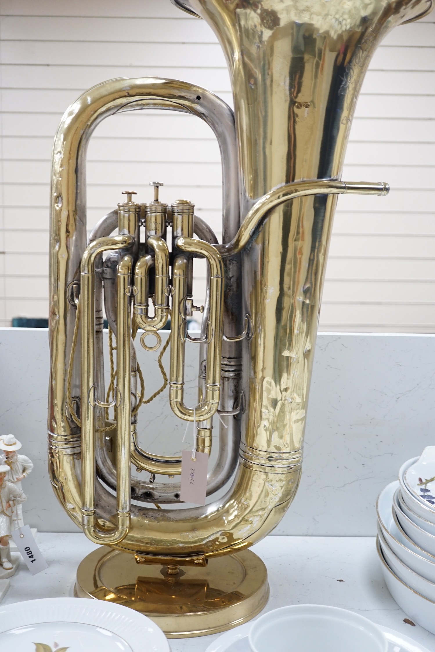 A Boosey & Co. tuba mounted as a table lamp 78cm